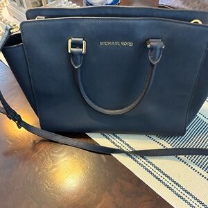 Michael Kors Navy Saffiano Satchel with Gold Hardware